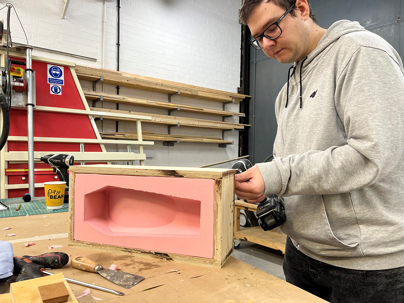 The pod mould box is made from high grade plywood and screwed together before lay up and then unscrewed to de mould the pods.