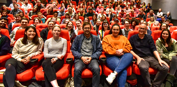 Louis Theroux with students in the NFTS main cinema