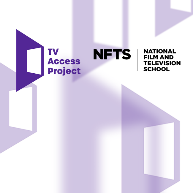 tv access project and national film and television school logos with blurred shapes in background